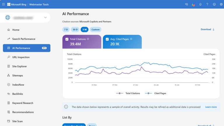 Bing Webmaster Tools Performance Ia