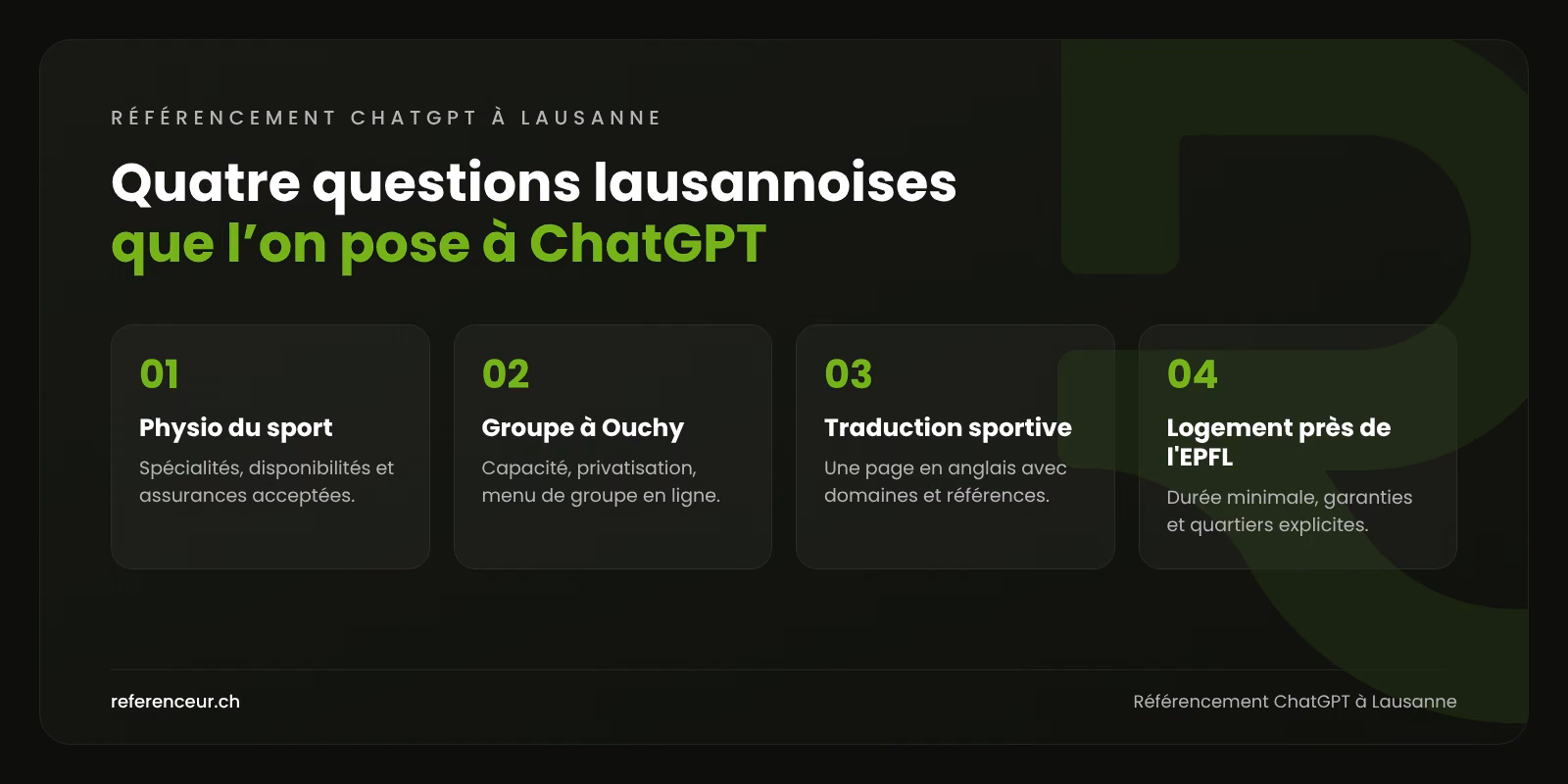 Infographie : quatre questions posées à ChatGPT par des étudiants, des congressistes et des sportifs à Lausanne, avec les contenus à publier
