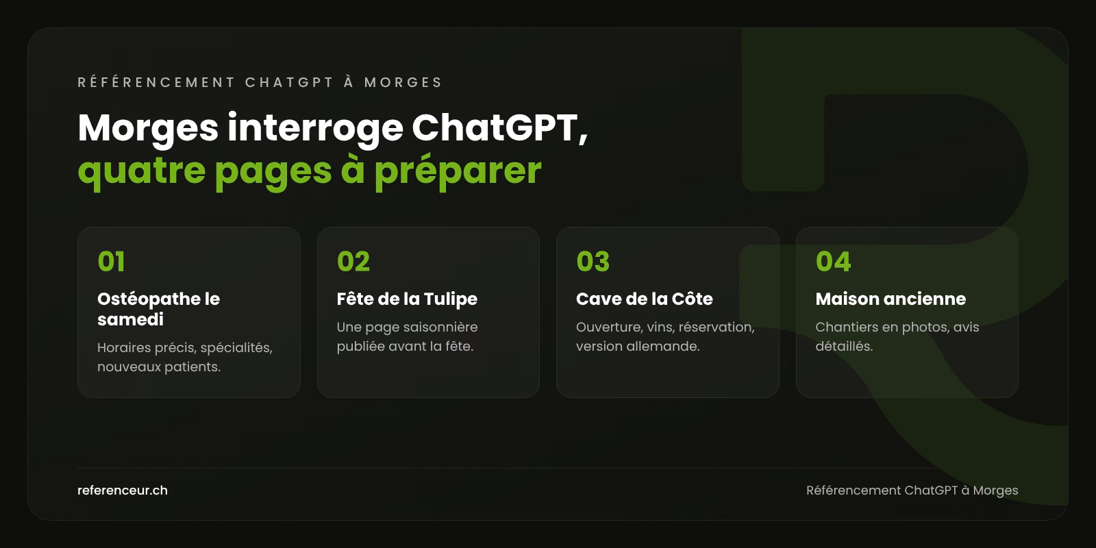 Référencement ChatGPT à Morges : le prestataire cité sur La Côte 1 Infographie : quatre questions posées à ChatGPT par des habitants, des visiteurs et des patients à Morges, avec les contenus à publier pour être recommandé