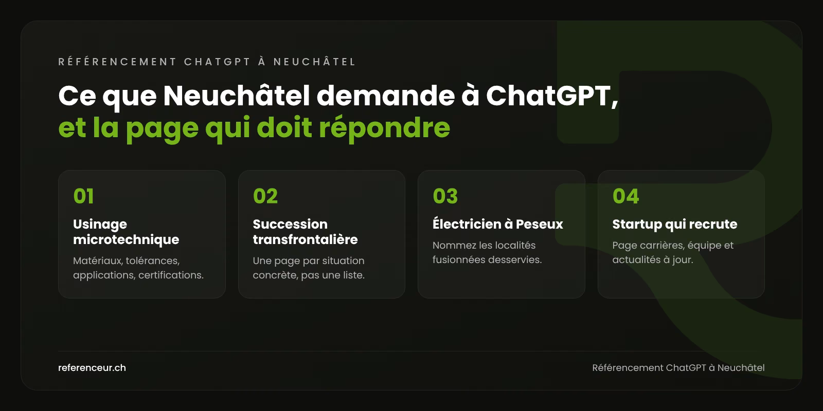 Infographie : quatre questions techniques ou locales posées à ChatGPT à Neuchâtel, et les pages qui permettent d'y être cité