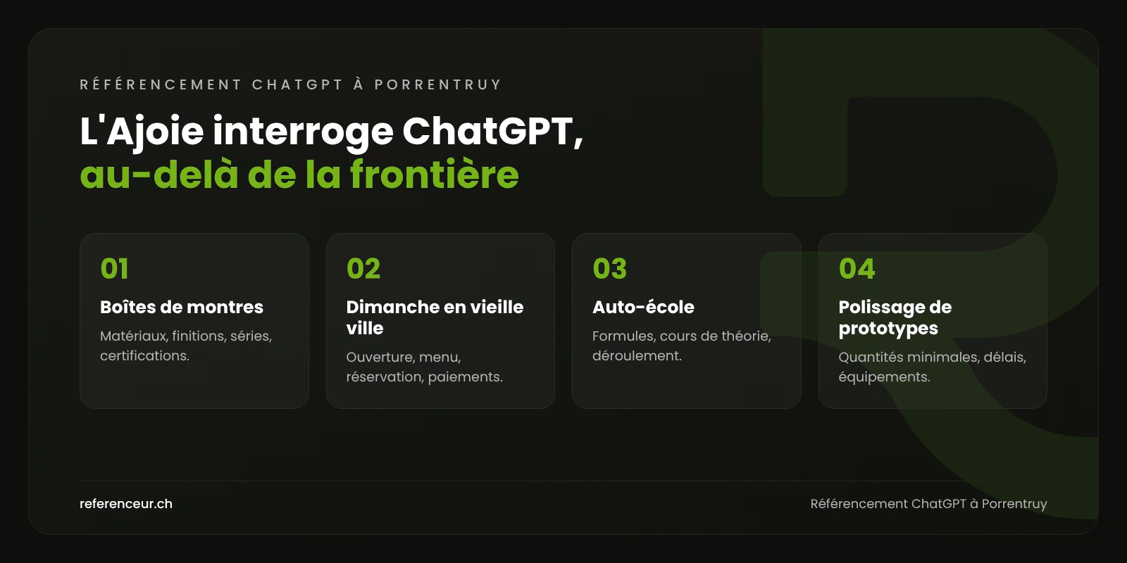 Référencement ChatGPT à Porrentruy : des commandes pour les ateliers 1 Infographie : quatre questions posées à ChatGPT en Ajoie, par des acheteurs horlogers, des visiteurs français et des habitants de Porrentruy, avec les contenus à publier