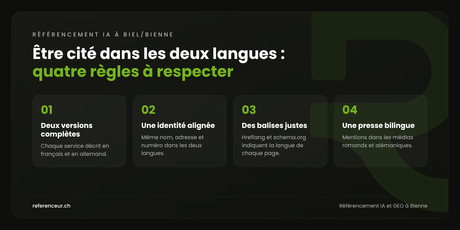 Référencement IA et GEO à Bienne : recommandé en FR et DE pour les PME 1 Infographie : quatre règles pour qu'une entreprise de Biel/Bienne soit citée par les moteurs IA en français comme en allemand