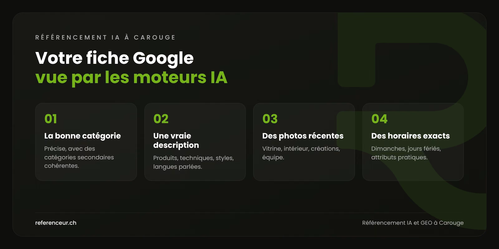 Référencement IA et GEO à Carouge : cité par l'IA pour vos commerces 1 Infographie : quatre éléments de la fiche Google qui aident un commerce ou un atelier de Carouge à être cité par les moteurs IA