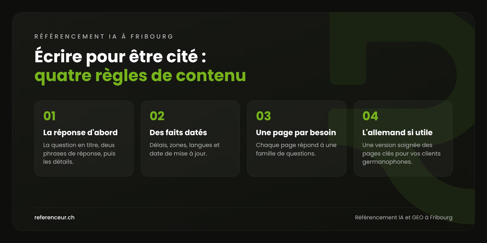 Infographie : quatre façons d'écrire des contenus qui répondent aux questions posées aux assistants IA sur une entreprise de Fribourg