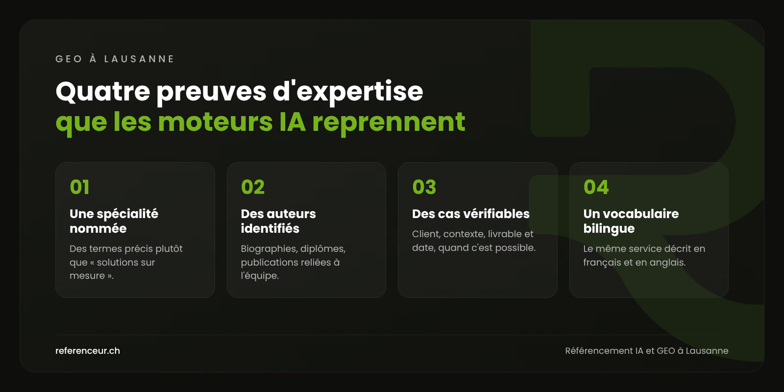 Référencement IA et GEO à Lausanne : l'expertise des PME recommandée 1 Infographie : quatre preuves d'expertise qui aident une entreprise lausannoise à être citée par les moteurs de réponse IA