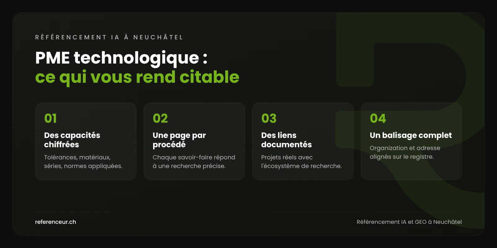 Infographie : quatre éléments qui rendent une PME technologique neuchâteloise citable par les moteurs de réponse IA