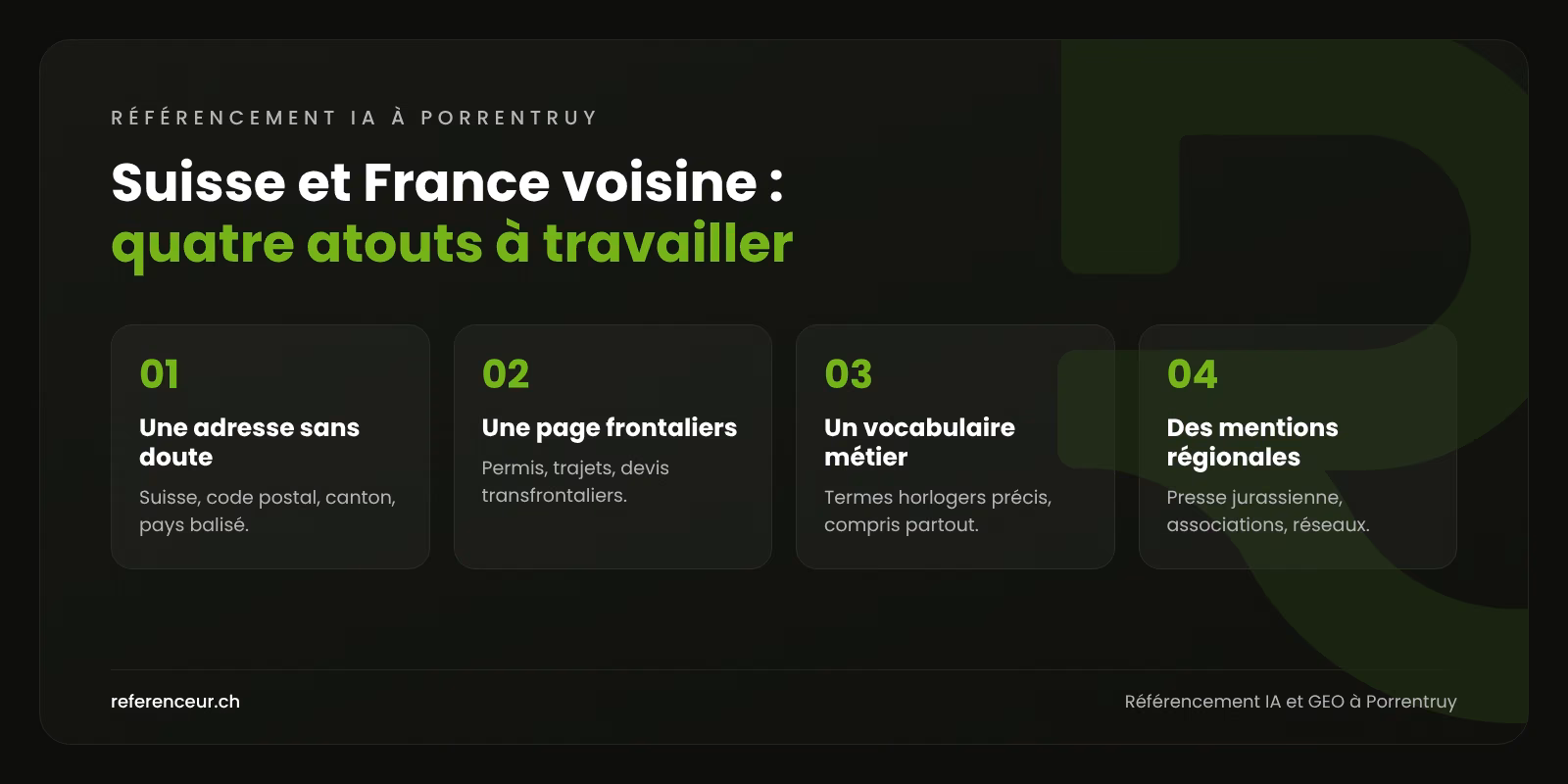 Référencement IA et GEO à Porrentruy : visible en France pour les PME 1 Infographie : quatre atouts pour qu'une entreprise de Porrentruy soit citée par les moteurs IA, en Suisse comme en France voisine