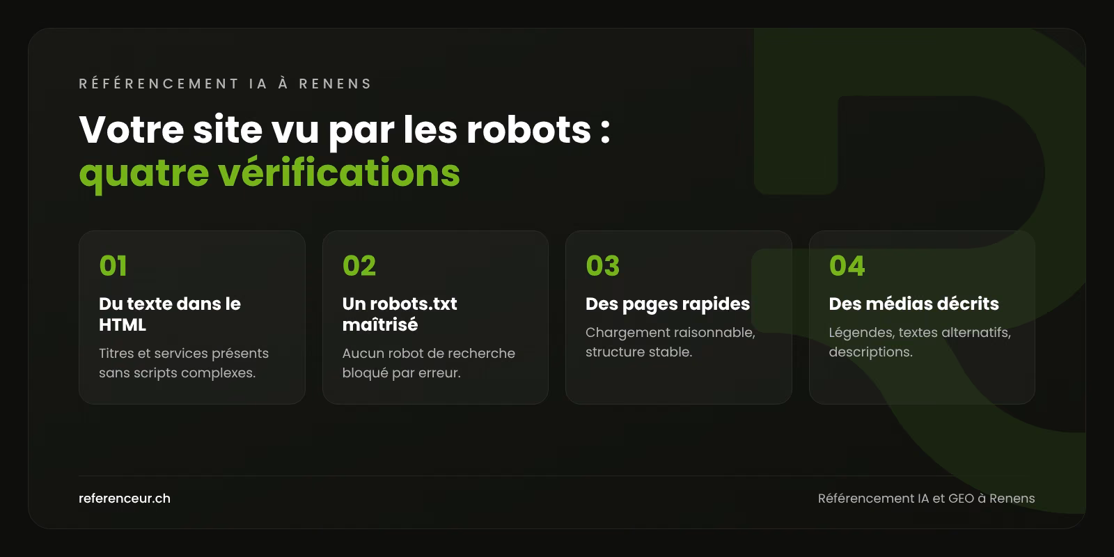 Référencement IA et GEO à Renens : un site citable pour les PME 1 Infographie : quatre vérifications techniques pour que le site d'une entreprise de Renens soit lisible par les robots des moteurs IA