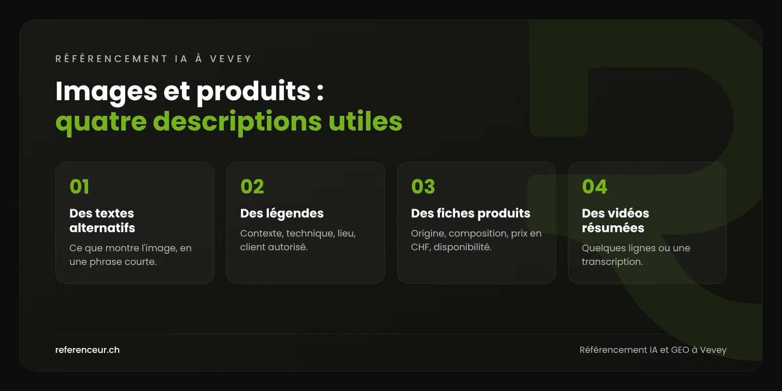 Référencement IA et GEO à Vevey : vendre via l'IA pour les commerces 1 Infographie : quatre façons de décrire photos, vidéos et produits pour qu'une entreprise de Vevey soit comprise par les moteurs IA