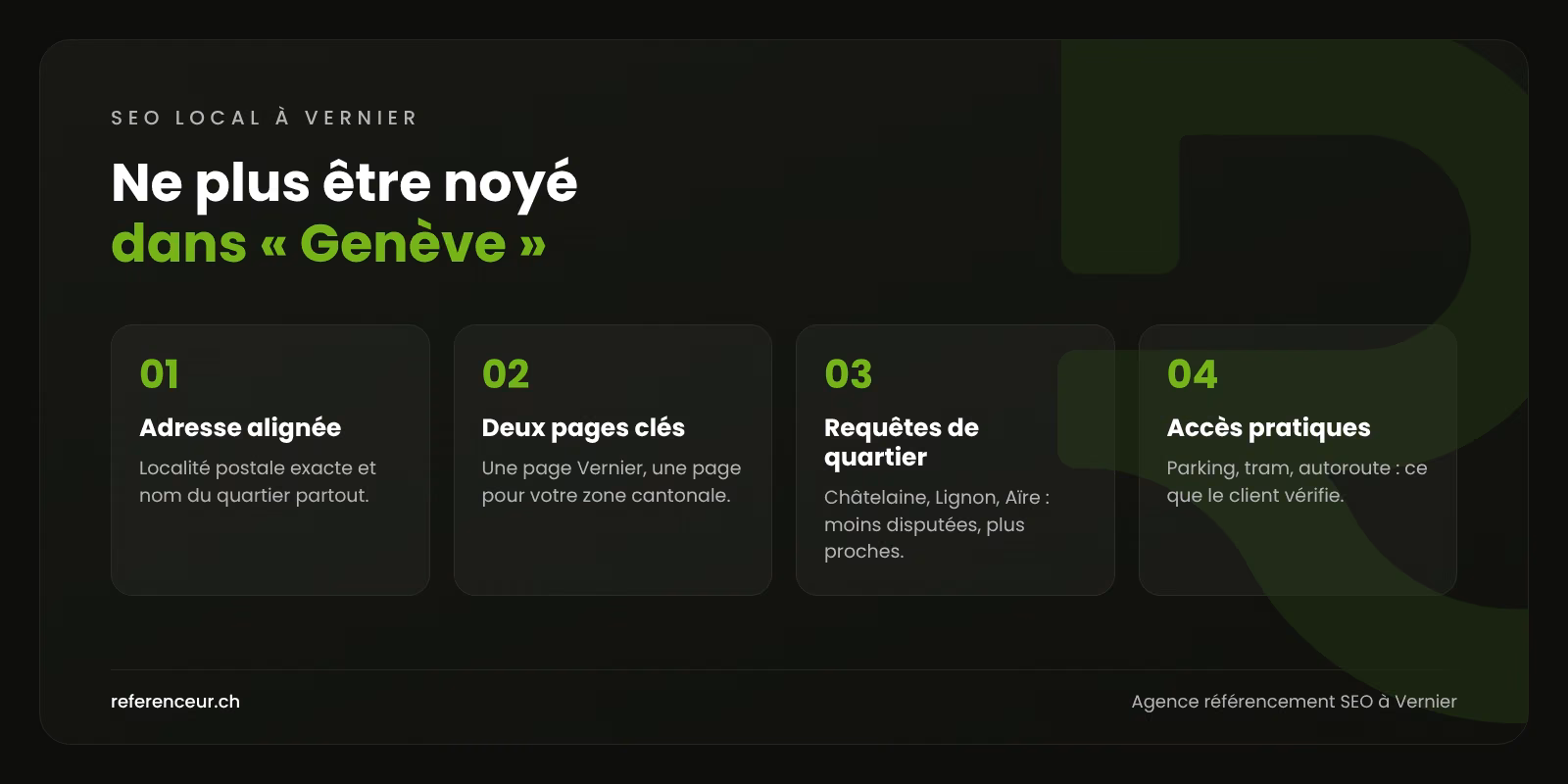 Agence SEO à Vernier : gagner les recherches locales pour les PME 1 Infographie : quatre actions pour qu'une entreprise de Vernier ne soit plus noyée dans les résultats « Genève » sur Google