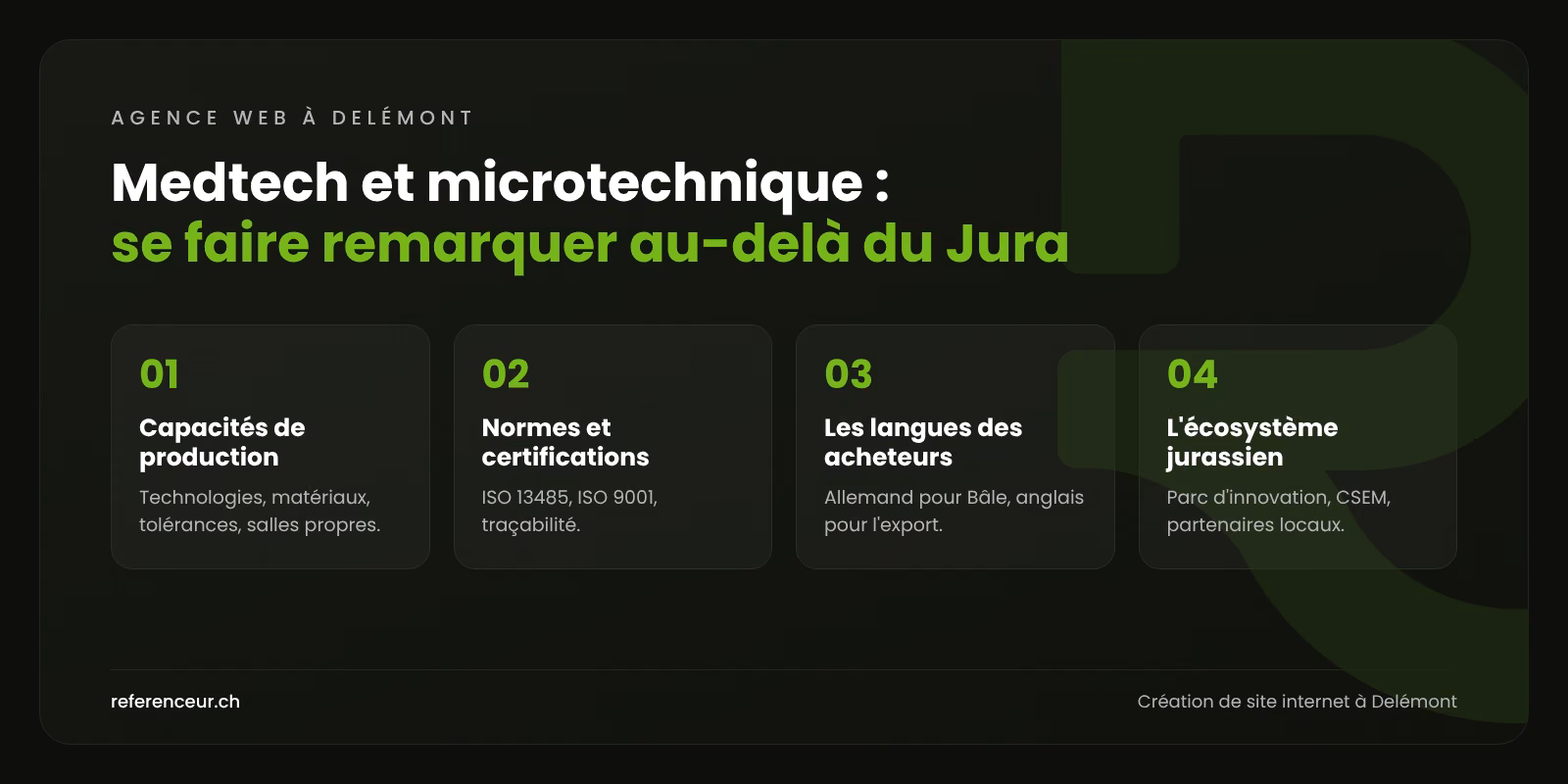 Agence web à Delémont : gagner des clients hors Jura pour la medtech 1 Infographie : quatre points pour qu'une PME industrielle ou medtech de Delémont se fasse remarquer par les acheteurs de Bâle et d'ailleurs