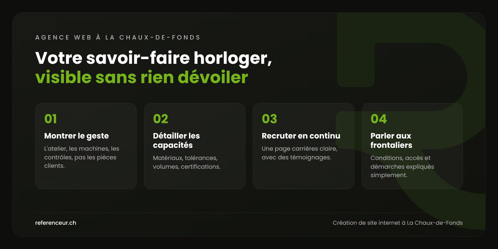 Agence web à La Chaux-de-Fonds : des clients B2B pour l'horlogerie 1 Infographie : quatre leviers pour qu'un site d'entreprise horlogère à La Chaux-de-Fonds valorise son savoir-faire et attire des talents