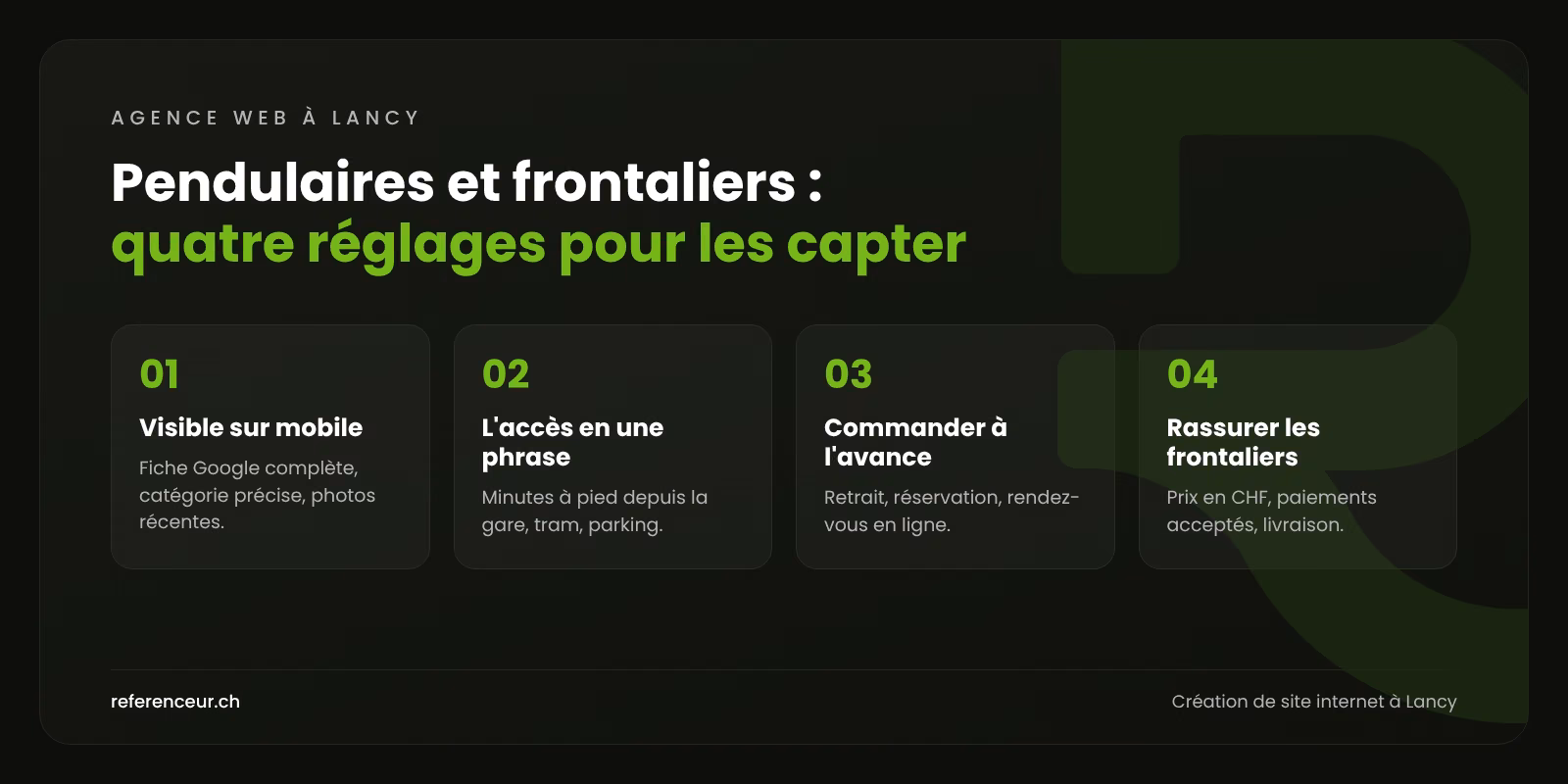 Agence web à Lancy : remplir l'agenda des PME et commerces lancéens 1 Infographie : quatre réglages pour qu'un commerce ou une PME de Lancy capte les pendulaires et frontaliers du Léman Express