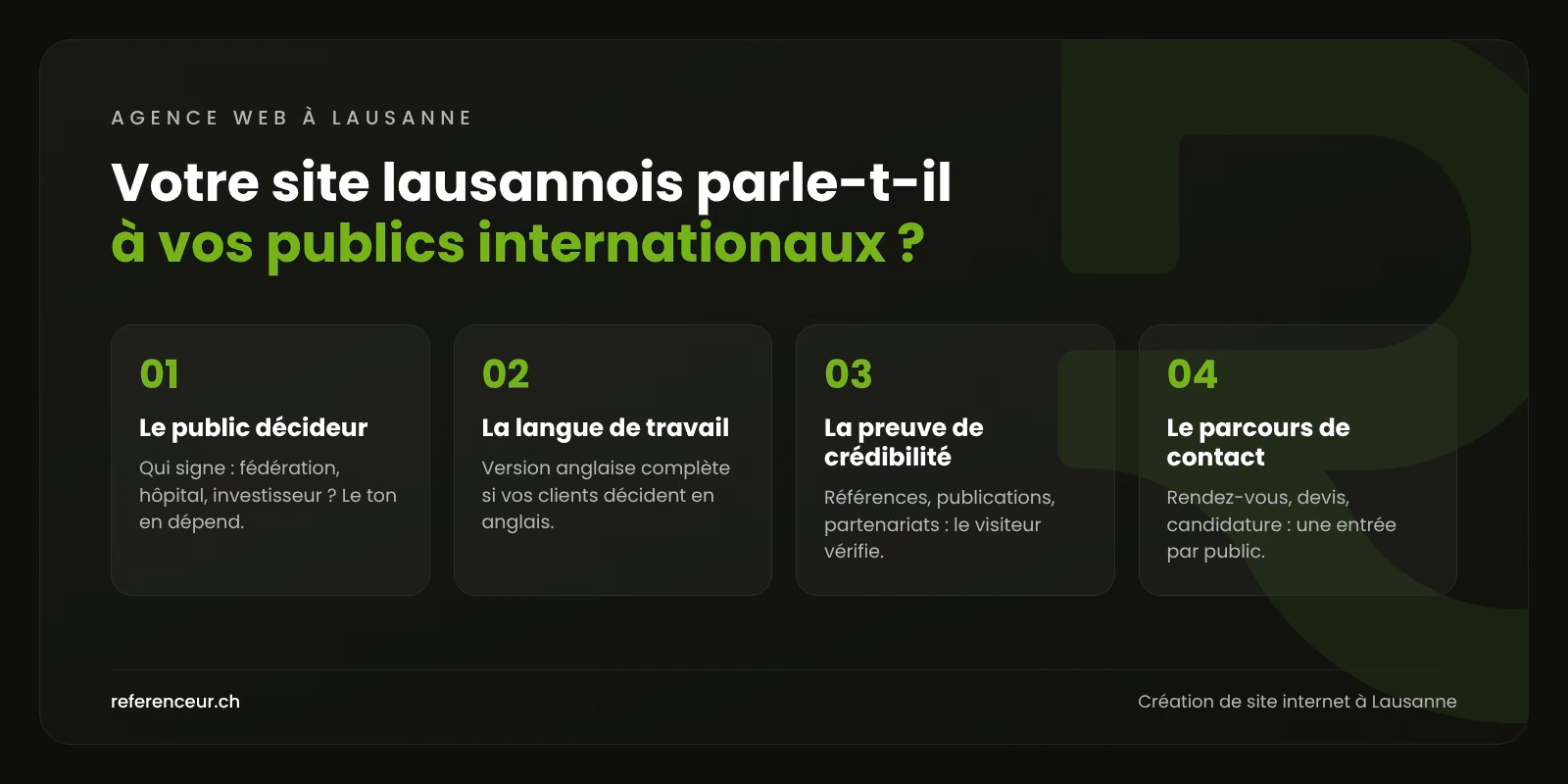 Agence web à Lausanne : des prospects qualifiés pour PME et startups 1 Infographie : quatre points pour rendre un site lausannois lisible par des publics internationaux, du sport à la recherche