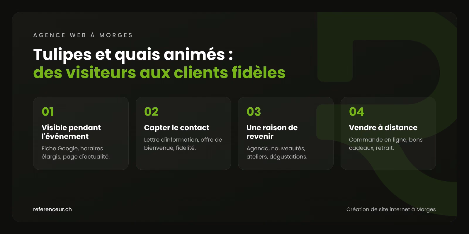 Agence web à Morges : une clientèle fidèle pour commerces et PME 1 Infographie : quatre actions pour qu'un commerce du centre de Morges transforme l'affluence des événements en clients réguliers