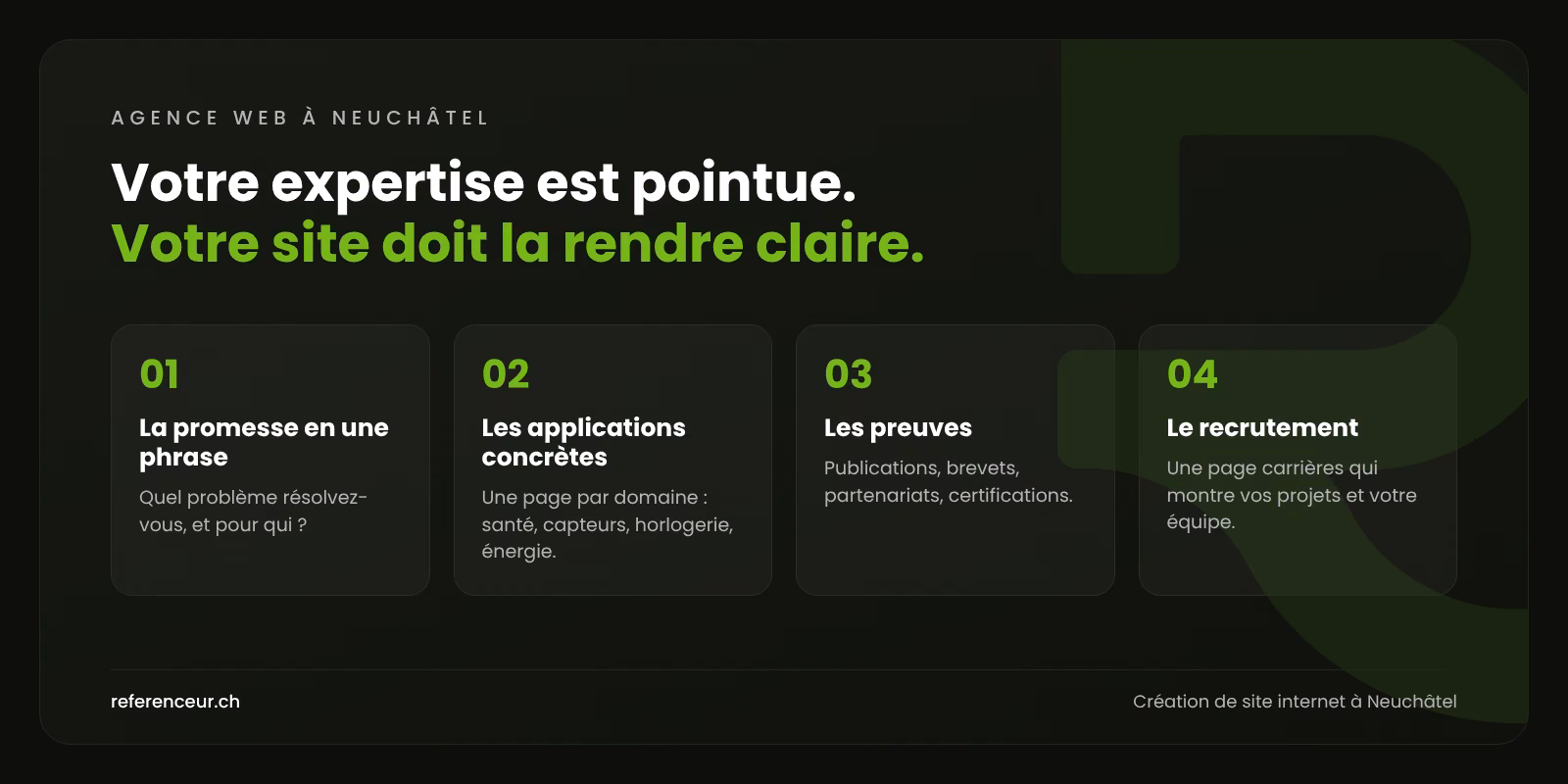 Agence web à Neuchâtel : plus de contrats pour la microtechnique 1 Infographie : quatre étapes pour rendre compréhensible en ligne une expertise en microtechnique ou en recherche à Neuchâtel