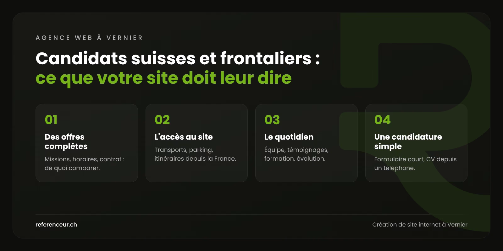 Agence web à Vernier : des contacts B2B pour industrie et logistique 1 Infographie : quatre éléments pour qu'un site d'entreprise à Vernier attire des candidats suisses et frontaliers