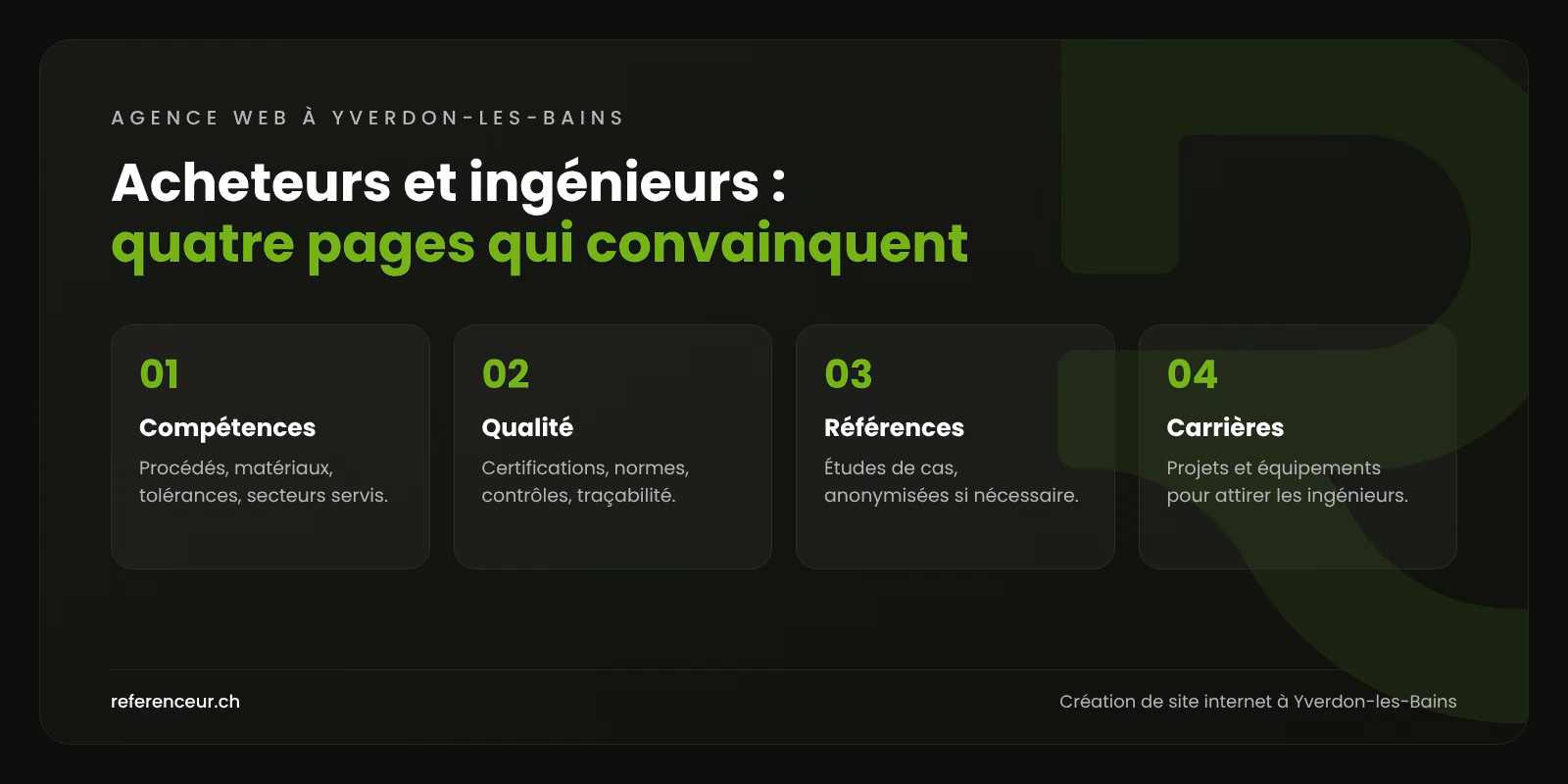 Infographie : quatre pages qu'une entreprise de Y-Parc ou du Nord vaudois doit soigner pour convaincre acheteurs industriels et ingénieurs